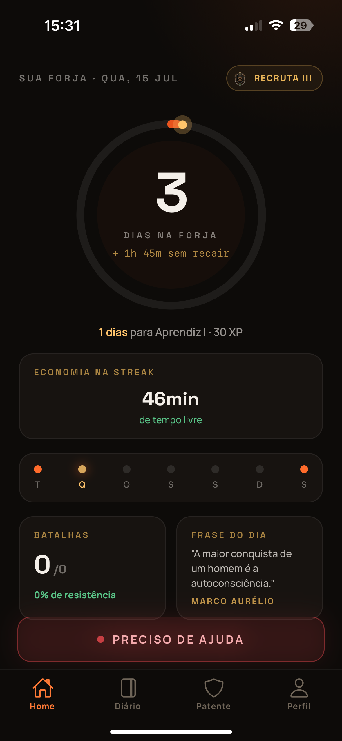 Painel diário do app Fornalha