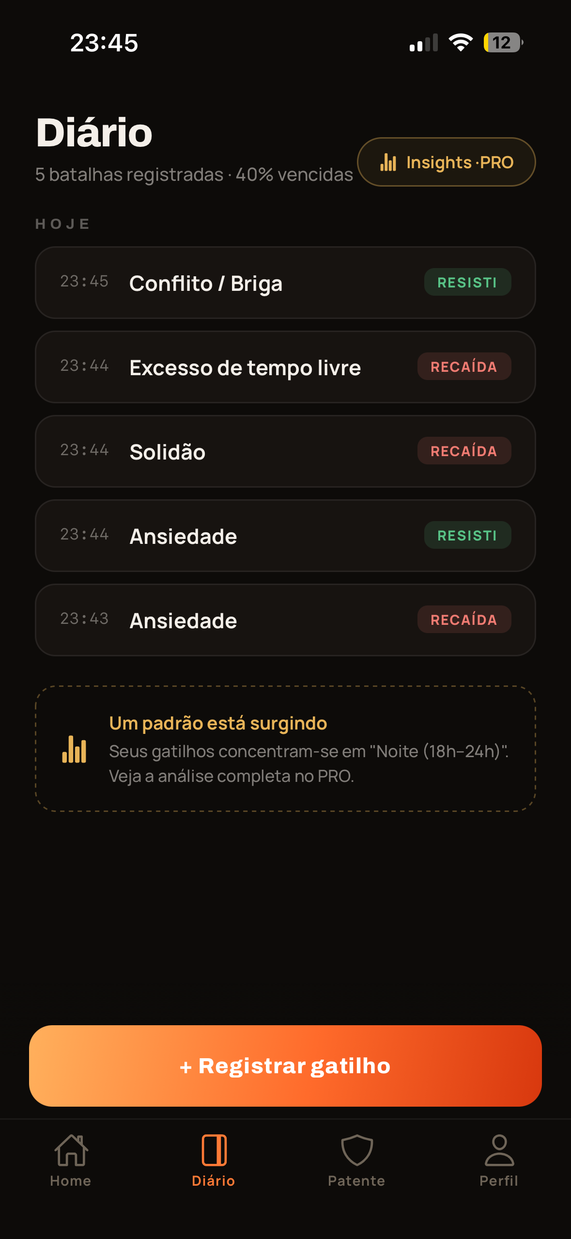 Diário de gatilhos com insights PRO
